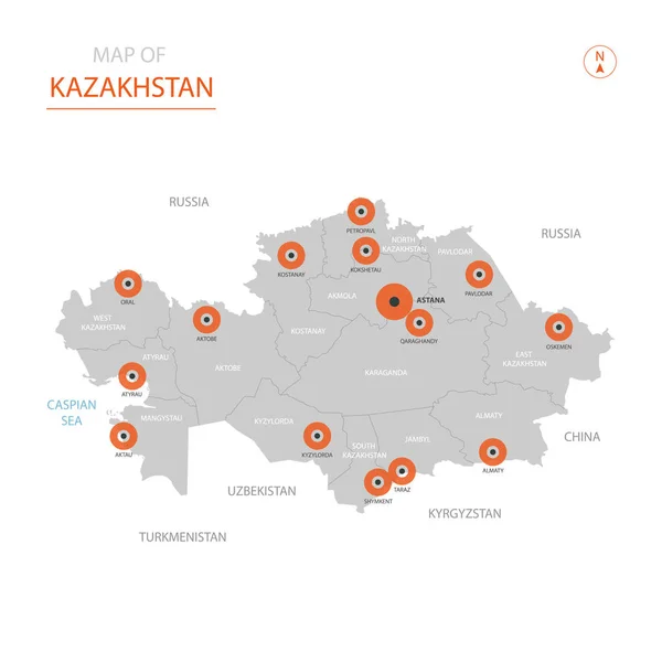 Стилизованная Векторная Карта Казахстана Показывающая Большие Города Столицу Астаны Административное — стоковый вектор