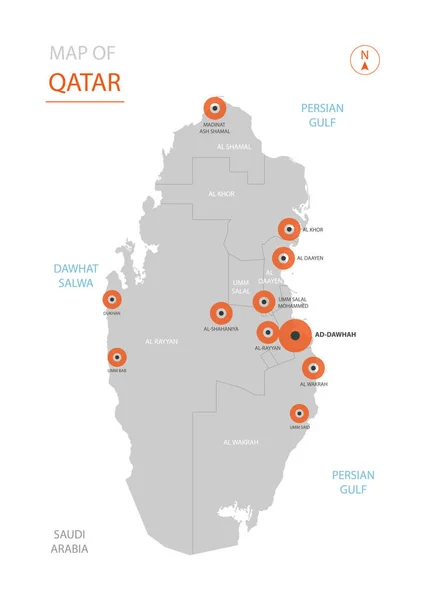 Vector Estilizado Qatar Mapa Mostrando Grandes Ciudades Capital Doha Divisiones — Vector de stock