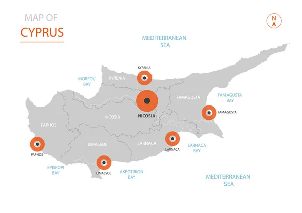 Vector Estilizado Chipre Mapa Que Muestra Las Grandes Ciudades Capital — Vector de stock
