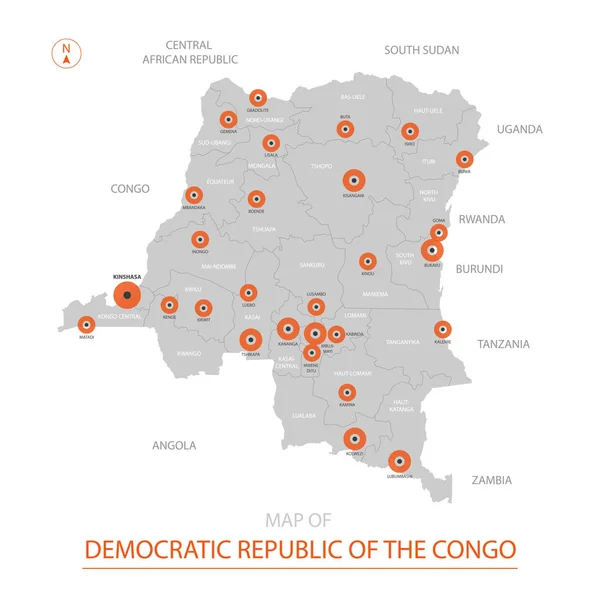 Stylizowane Wektor Demokratycznej Republiki Konga Mapa Wyświetlone Duże Miasta Stolicy — Wektor stockowy