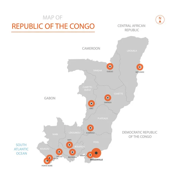 Stylizowane Wektor Republiki Konga Mapa Wyświetlone Duże Miasta Stolicy Brazzaville — Wektor stockowy