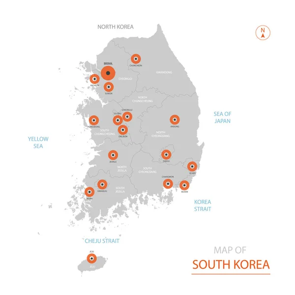 Vetor Estilizado Mapa Coreia Sul Mostrando Grandes Cidades Capital Seul — Vetor de Stock