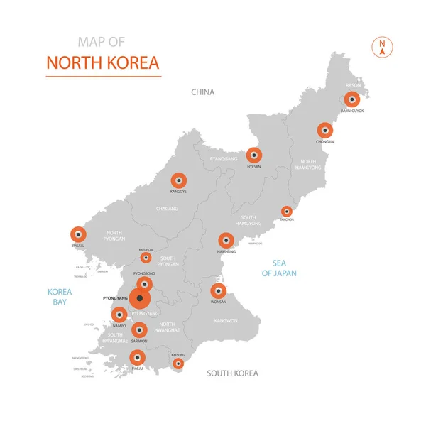 Vector Estilizado Corea Del Norte Mapa Que Muestra Las Grandes — Vector de stock