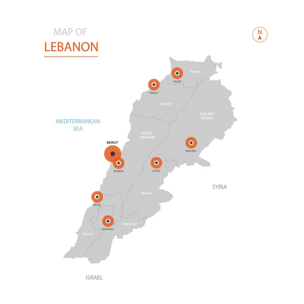 Vector Estilizado Líbano Mapa Mostrando Grandes Ciudades Capital Beirut Divisiones — Archivo Imágenes Vectoriales