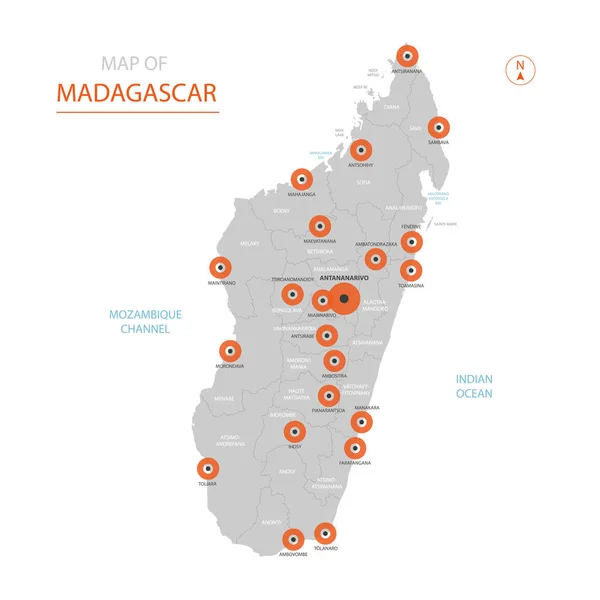 Vector Estilizado Madagascar Mapa Mostrando Grandes Ciudades Capital Antananarivo Divisiones — Vector de stock