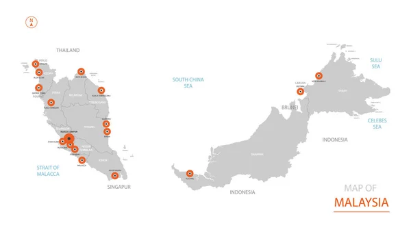 Vector Estilizado Malasia Mapa Mostrando Grandes Ciudades Capital Kuala Lumpur — Vector de stock