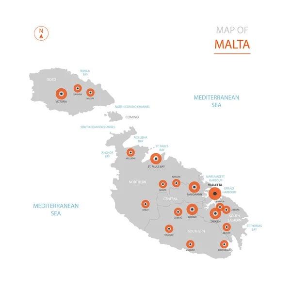 Στυλιζαρισμένη Διάνυσμα Μάλτα Χάρτης Δείχνει Μεγάλες Πόλεις Πρωτεύουσα Βαλέτα Διοικητική — Διανυσματικό Αρχείο