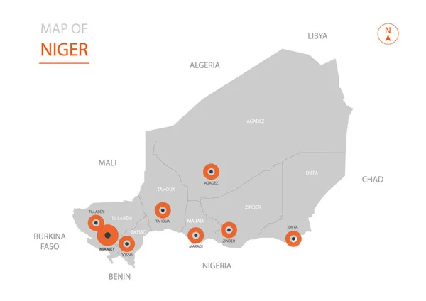 Carte Vectorielle Stylisée Niger Montrant Les Grandes Villes Capitale Niamey — Image vectorielle