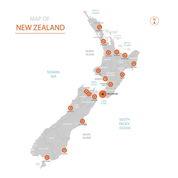 Stilizált Vektor Zéland Térkép Mutatja Nagyvárosokban Tőke Wellington Híres Toszkánaiak — Stock Vector