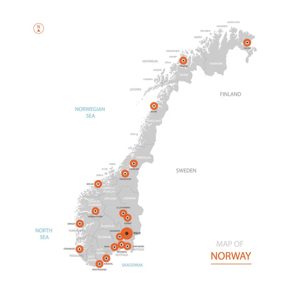 様式化されたベクトル ノルウェー地図表示大都市 首都オスロ 行政区划 — ストックベクタ