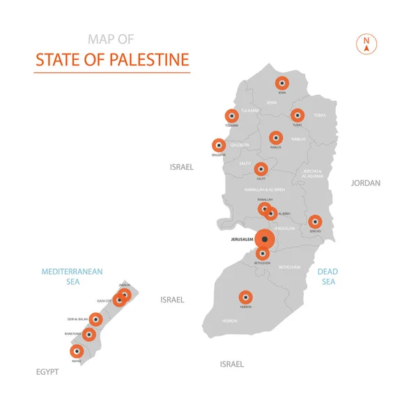 Στυλιζαρισμένη Φορέα Κράτους Της Παλαιστίνης Χάρτη Που Δείχνει Μεγάλες Πόλεις — Διανυσματικό Αρχείο