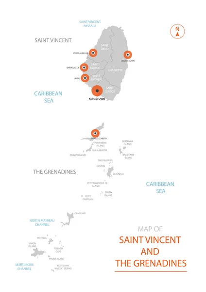 Vetor Estilizado São Vicente Granadinas Mapa Mostrando Grandes Cidades Capital —  Vetores de Stock