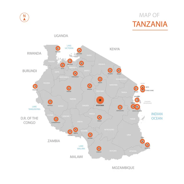 Vector Estilizado Tanzania Mapa Mostrando Grandes Ciudades Capital Dodoma Divisiones — Vector de stock