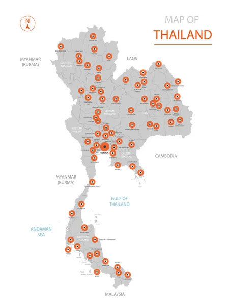 Vector Estilizado Tailandia Mapa Mostrando Grandes Ciudades Capital Bangkok Divisiones — Vector de stock