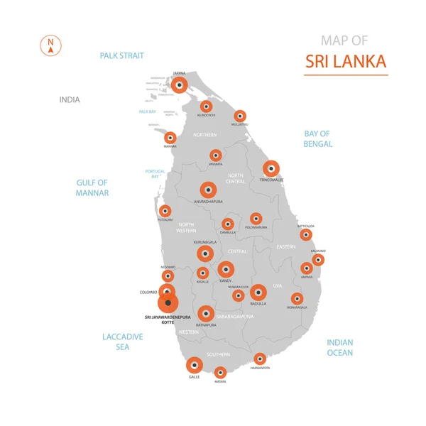 Vector Estilizado Sri Lanka Mapa Mostrando Grandes Ciudades Capital Sri — Vector de stock