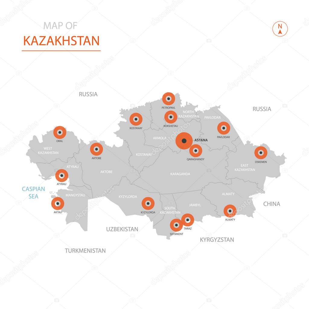 Stylized vector Kazakhstan map showing big cities, capital Astana, administrative divisions.