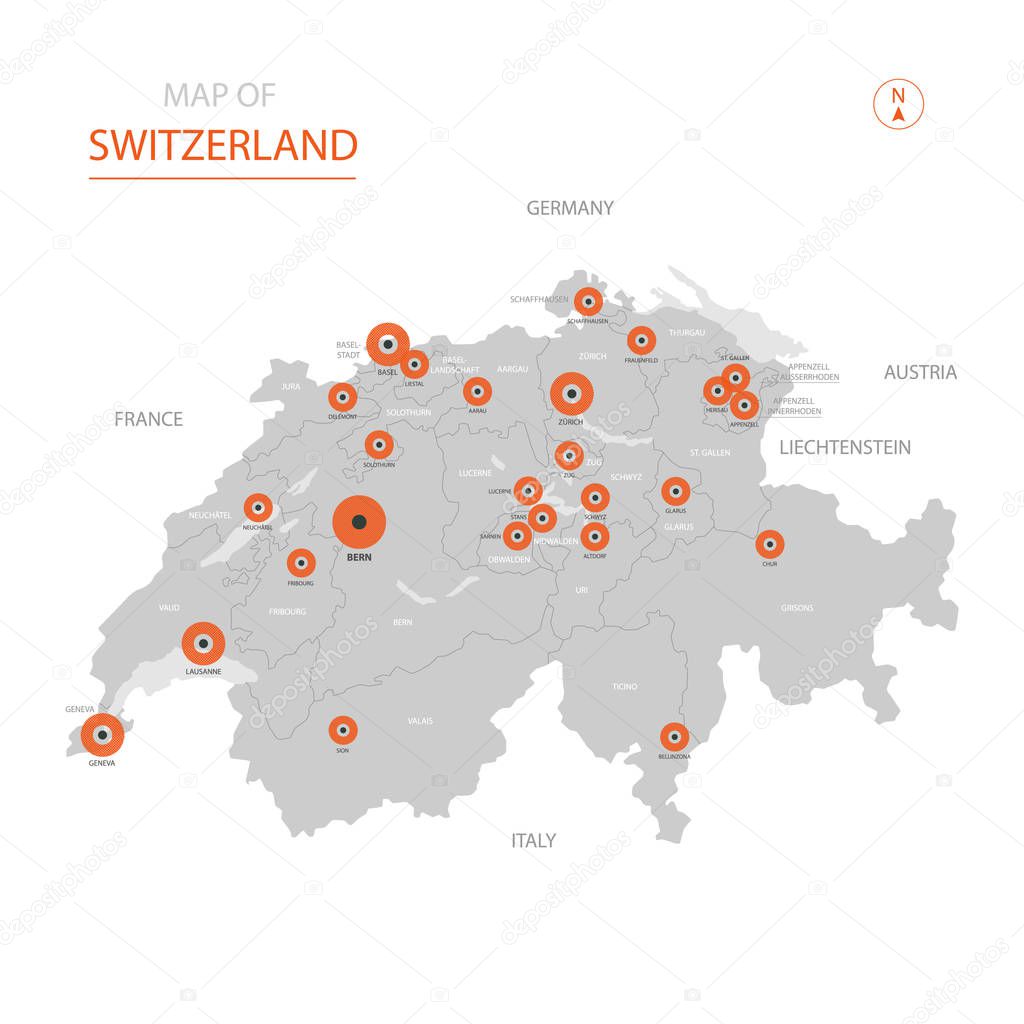 Stylized vector Switzerland map showing big cities, capital Bern, administrative divisions and country borders