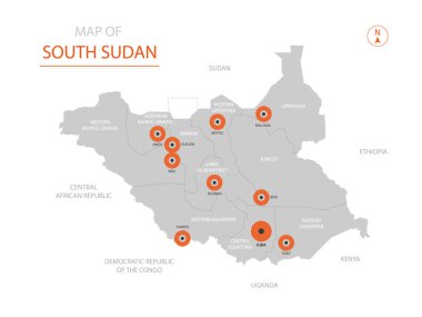 Stilize vektör Güney Sudan harita gösterilen büyük şehirler, sermaye Juba, üst düzey idari birimleri.