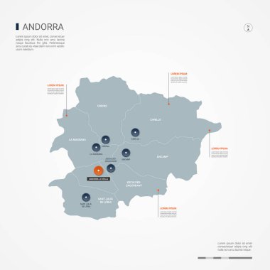 Andorra kenarlıklar, şehirler, sermaye Andorra la Vella ve yönetim birimleri ile. Infographic vektör harita. Düzenlenebilir katmanları açıkça etiketli.