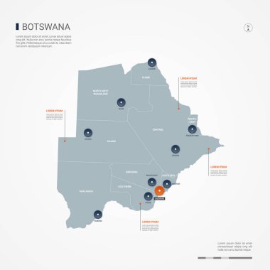 Kenarlıklar, şehirler, sermaye ve yönetim birimleri ile Botsvana haritası. Infographic vektör harita. Düzenlenebilir katmanları açıkça etiketli.