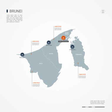 Kenarlıklar, şehirler, sermaye ve yönetim birimleri ile Brunei harita. Infographic vektör harita. Düzenlenebilir katmanları açıkça etiketli.