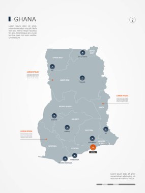 Kenarlıklar, şehirler, sermaye ve yönetim birimleri ile Gana harita. Infographic vektör harita. Düzenlenebilir katmanları açıkça etiketli.