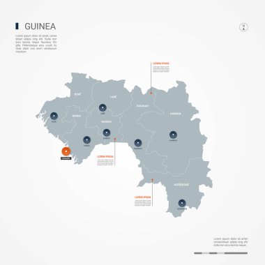 Kenarlıklar, şehirler, sermaye ve yönetim birimleri ile Gine Haritası. Infographic vektör harita. Düzenlenebilir katmanları açıkça etiketli.