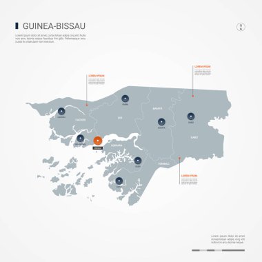 Gine-Bissau harita sınırları, şehirler, sermaye ve yönetim birimleri ile. Infographic vektör harita. Düzenlenebilir katmanları açıkça etiketli.