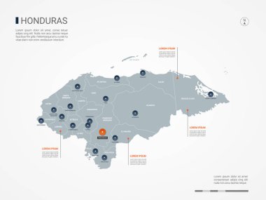 Honduras Haritası sınırları, şehirler, sermaye ve yönetim birimleri ile. Infographic vektör harita. Düzenlenebilir katmanları açıkça etiketli.