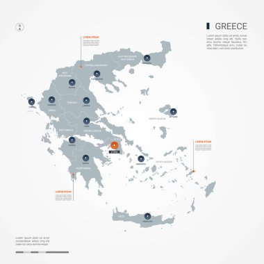 Kenarlıklar, şehirler, sermaye ve yönetim birimleri ile Yunanistan Haritası. Infographic vektör harita. Düzenlenebilir katmanları açıkça etiketli.