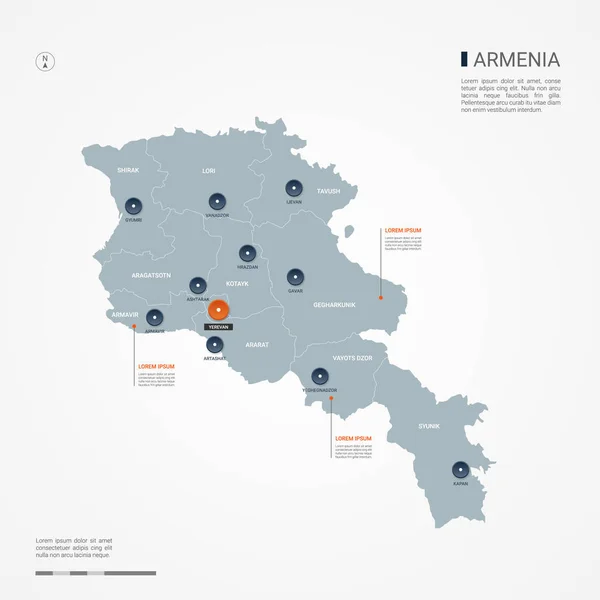 Armenia Mapa Con Fronteras Ciudades Capital Divisiones Administrativas Mapa Vectorial — Archivo Imágenes Vectoriales