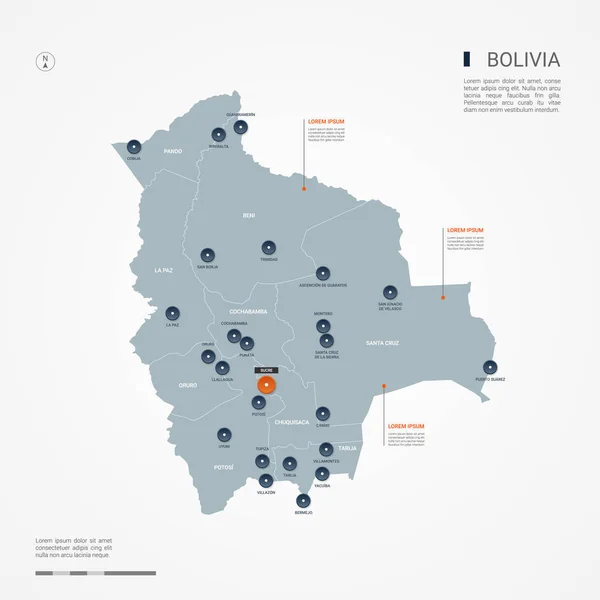 Boliwia Mapa Granic Miasta Stolicy Podział Administracyjny Infografika Wektor Mapę — Wektor stockowy
