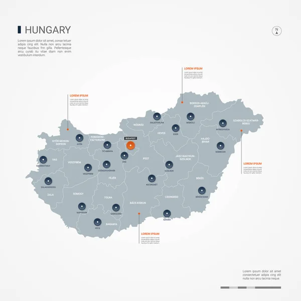 Hungría Mapa Con Fronteras Ciudades Capital Divisiones Administrativas Mapa Vectorial — Vector de stock