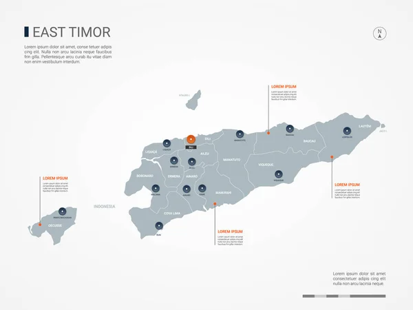 Timor Oriental Mapa Con Fronteras Ciudades Capital Divisiones Administrativas Mapa — Vector de stock