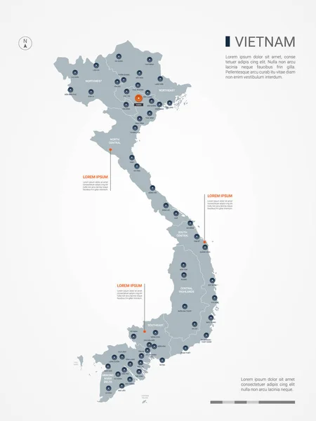 Vietnam Mapa Con Fronteras Ciudades Capital Divisiones Administrativas Mapa Vectorial — Vector de stock