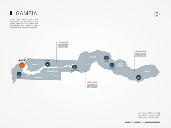 Gambia Mapa Con Fronteras Ciudades Capital Divisiones Administrativas Mapa Vectorial — Vector de stock