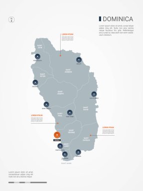 Kenarlıklar, şehirler, sermaye ve yönetim birimleri ile Dominika Haritası. Infographic vektör harita. Düzenlenebilir katmanları açıkça etiketli.