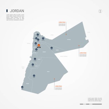 Jordan harita sınırları, şehirler, sermaye ve yönetim birimleri ile. Infographic vektör harita. Düzenlenebilir katmanları açıkça etiketli.