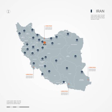 Kenarlıklar, şehirler, sermaye ve yönetim birimleri ile Iran harita. Infographic vektör harita. Düzenlenebilir katmanları açıkça etiketli.