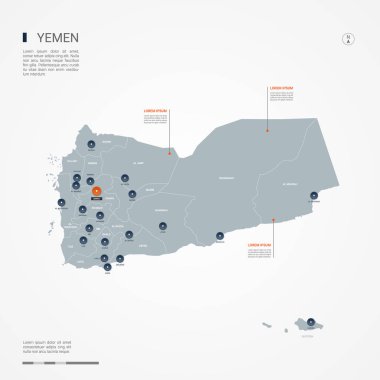 Kenarlıklar, şehirler, sermaye ve yönetim birimleri ile Yemen harita. Infographic vektör harita. Düzenlenebilir katmanları açıkça etiketli.
