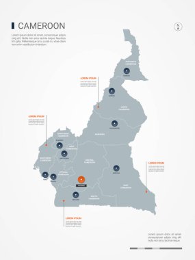 Kenarlıklar, şehirler, sermaye ve yönetim birimleri ile Kamerun haritası. Infographic vektör harita. Düzenlenebilir katmanları açıkça etiketli.