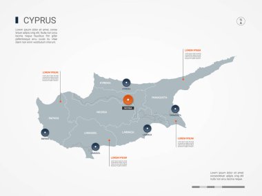 Kenarlıklar, şehirler, sermaye ve yönetim birimleri ile Kıbrıs harita. Infographic vektör harita. Düzenlenebilir katmanları açıkça etiketli.