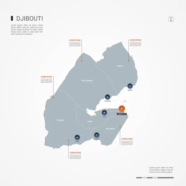 Dzsibuti Térkép Val Határok Városok Tőke Közigazgatási Körzetek Infographic Vektor — Stock Vector