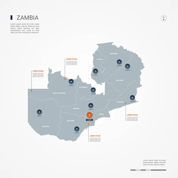 Zambia Mapa Con Fronteras Ciudades Capital Divisiones Administrativas Mapa Vectorial — Vector de stock