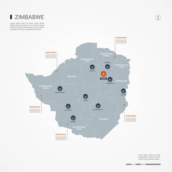 Zimbabue Mapa Con Fronteras Ciudades Capital Divisiones Administrativas Mapa Vectorial — Vector de stock