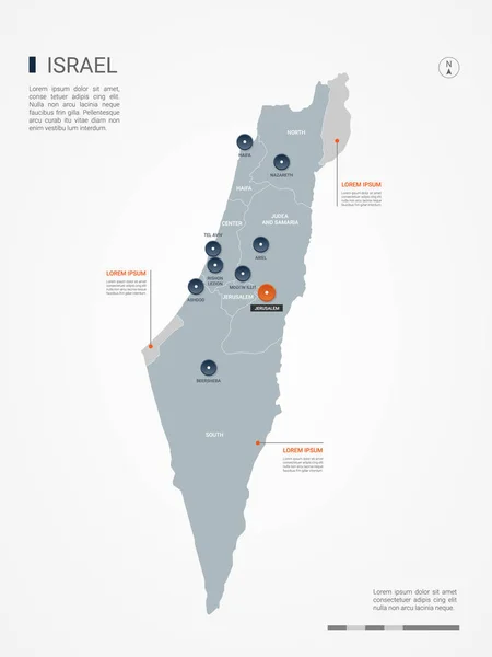 Kenarlıklar, şehirler, sermaye ve yönetim birimleri ile İsrail harita. Infographic vektör harita. Düzenlenebilir katmanları açıkça etiketli.