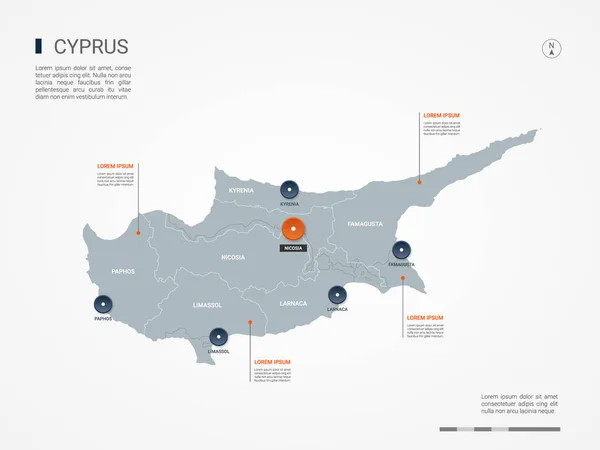 ボーダー 首都行政区分とキプロスの地図 インフォ グラフィックのベクター マップ 編集可能なレイヤーが明確にラベル付け — ストックベクタ