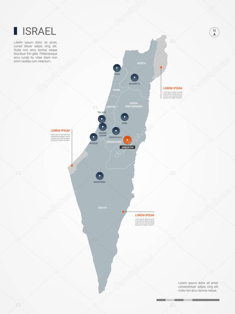 Israel map with borders, cities, capital and administrative divisions. Infographic vector map. Editable layers clearly labeled.