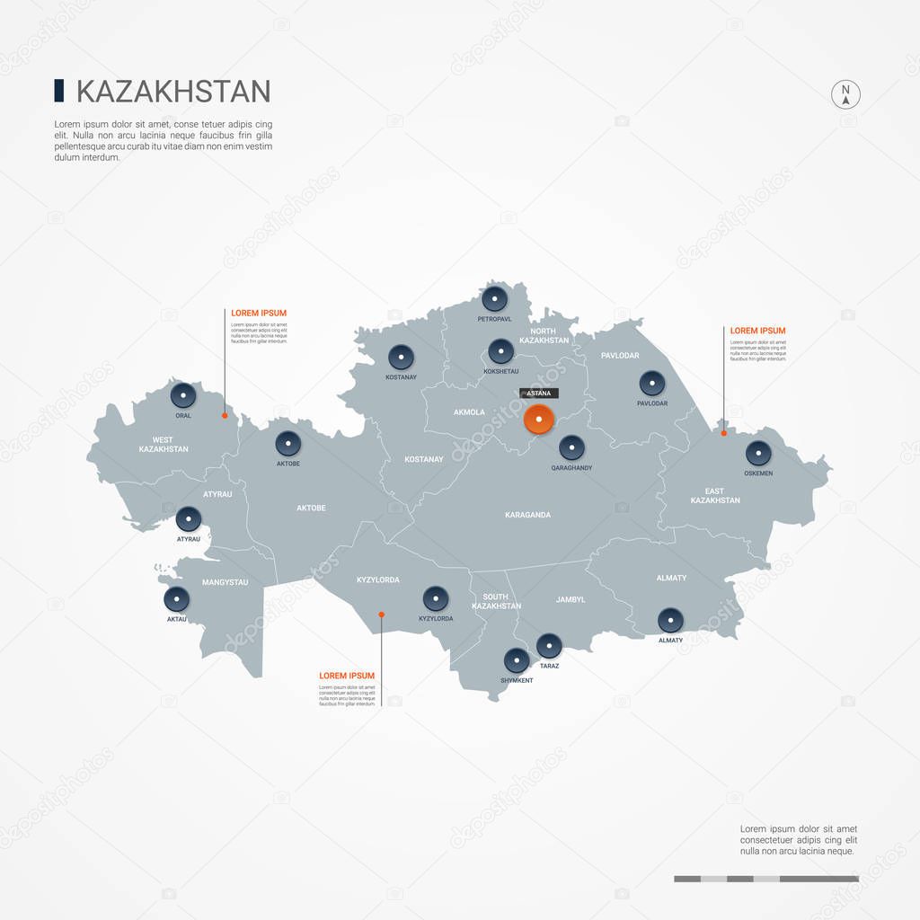 Kazakhstan map with borders, cities, capital and administrative divisions. Infographic vector map. Editable layers clearly labeled.