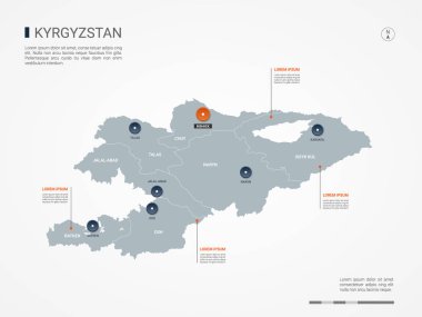 Kenarlıklar, şehirler, sermaye ve yönetim birimleri ile Kırgızistan haritası. Infographic vektör harita. Düzenlenebilir katmanları açıkça etiketli.